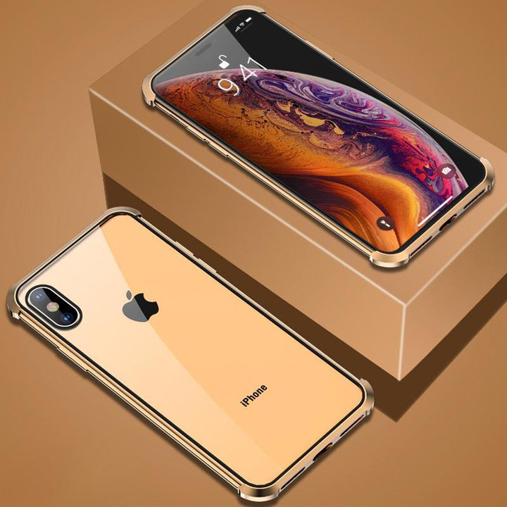 iPhone inside a magnetic tempered glass phone case, screen and back fully protected from impacts