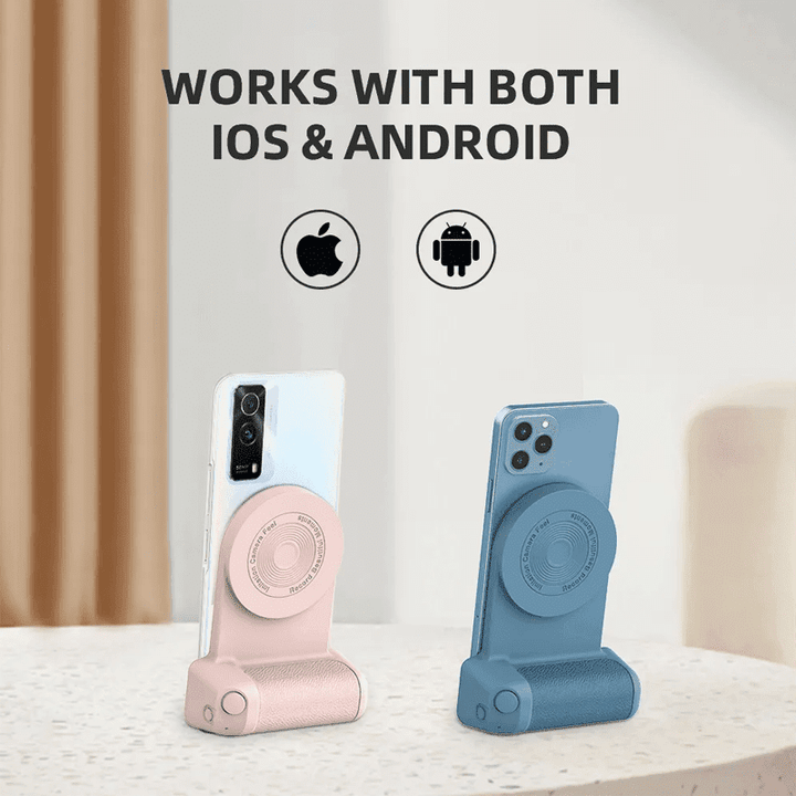 Universal magnetic phone grip with integrated Bluetooth shutter for mobile photography; ergonomic design