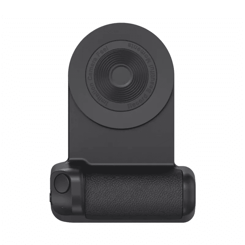 Compact magnetic phone camera grip featuring a built-in Bluetooth remote for easy selfies