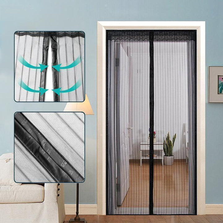Magnetic screen door installed on an entryway, open for easy access