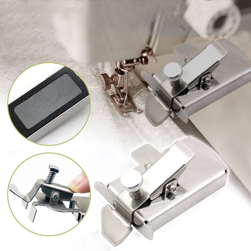 Sewing setup showing fabric fed alongside the magnetic seam guide, ensuring uniform & professional stitch results.