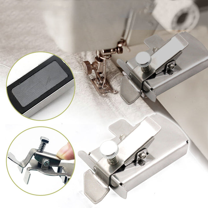 Sewing setup showing fabric fed alongside the magnetic seam guide, ensuring uniform & professional stitch results.