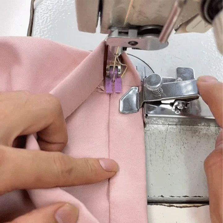 Magnetic seam guide positioned on a sewing machine needle plate, a key sewing tool for beginners and experts.
