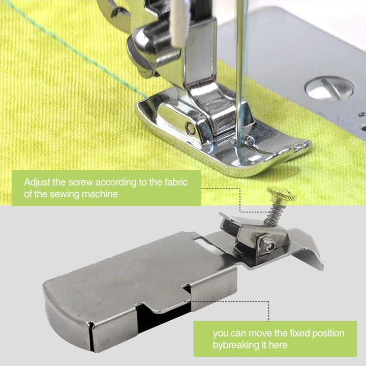Sewing machine with magnetic guide attached, illustrating how this sewing jig helps maintain even stitch lines.