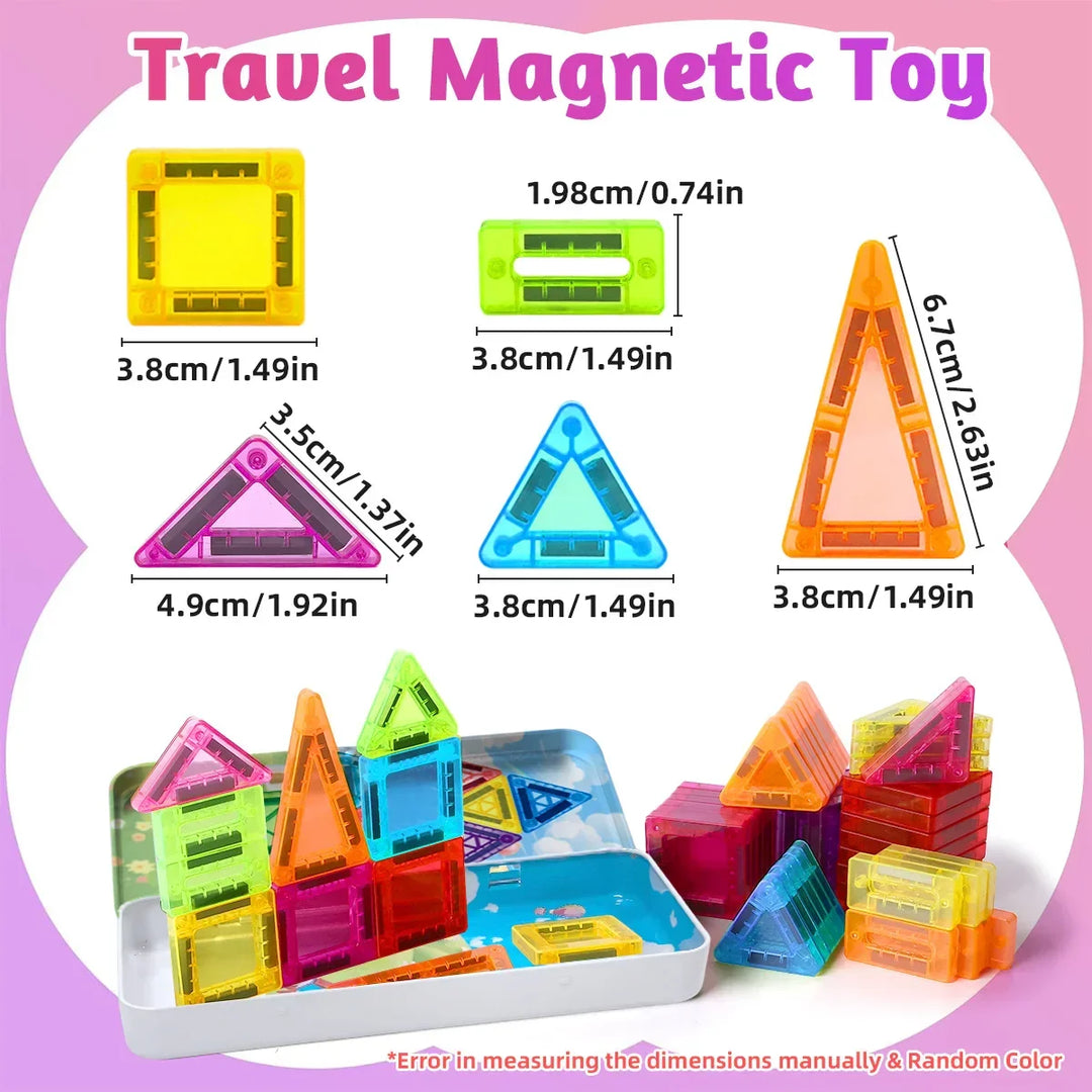 Child building a colorful geometric structure with MagniCraft magnetic blocks. Educational play.