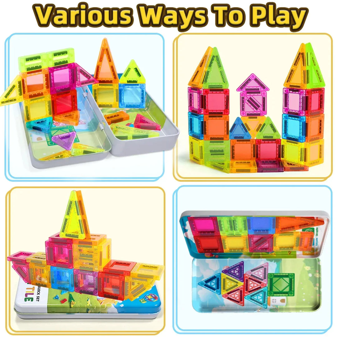 Vibrant magnetic geometry blocks: triangles, squares, hexagons for STEM learning & construction.