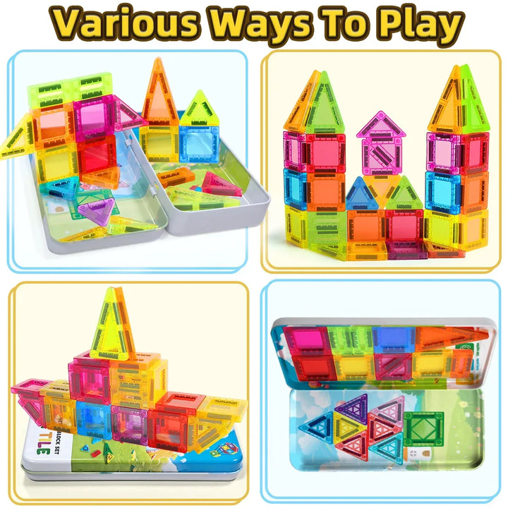 Vibrant magnetic geometry blocks: triangles, squares, hexagons for STEM learning & construction.