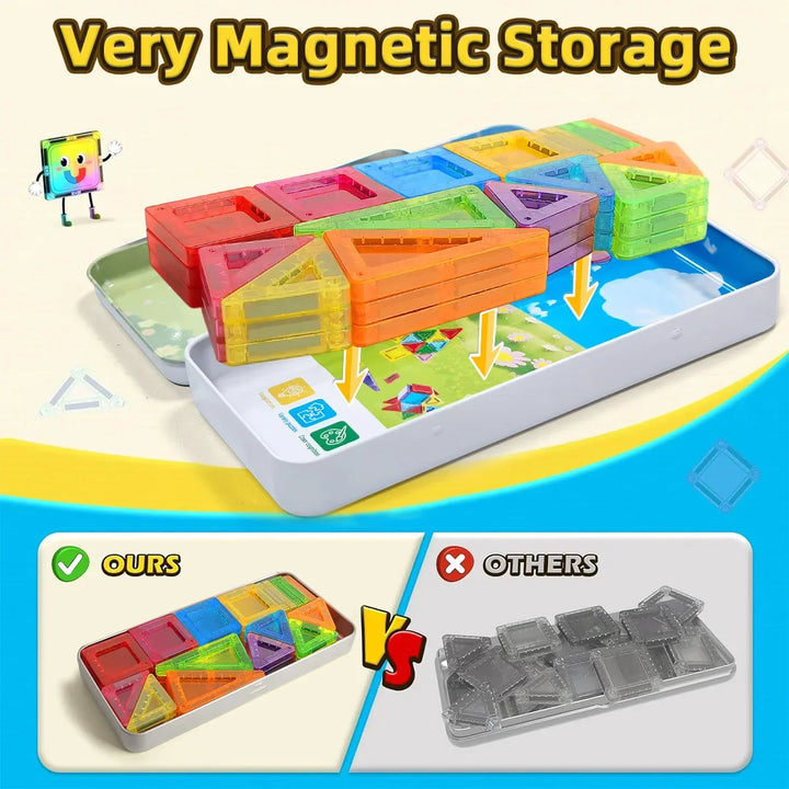 A complex 3D house model built with colorful magnetic geometry building blocks for kids.