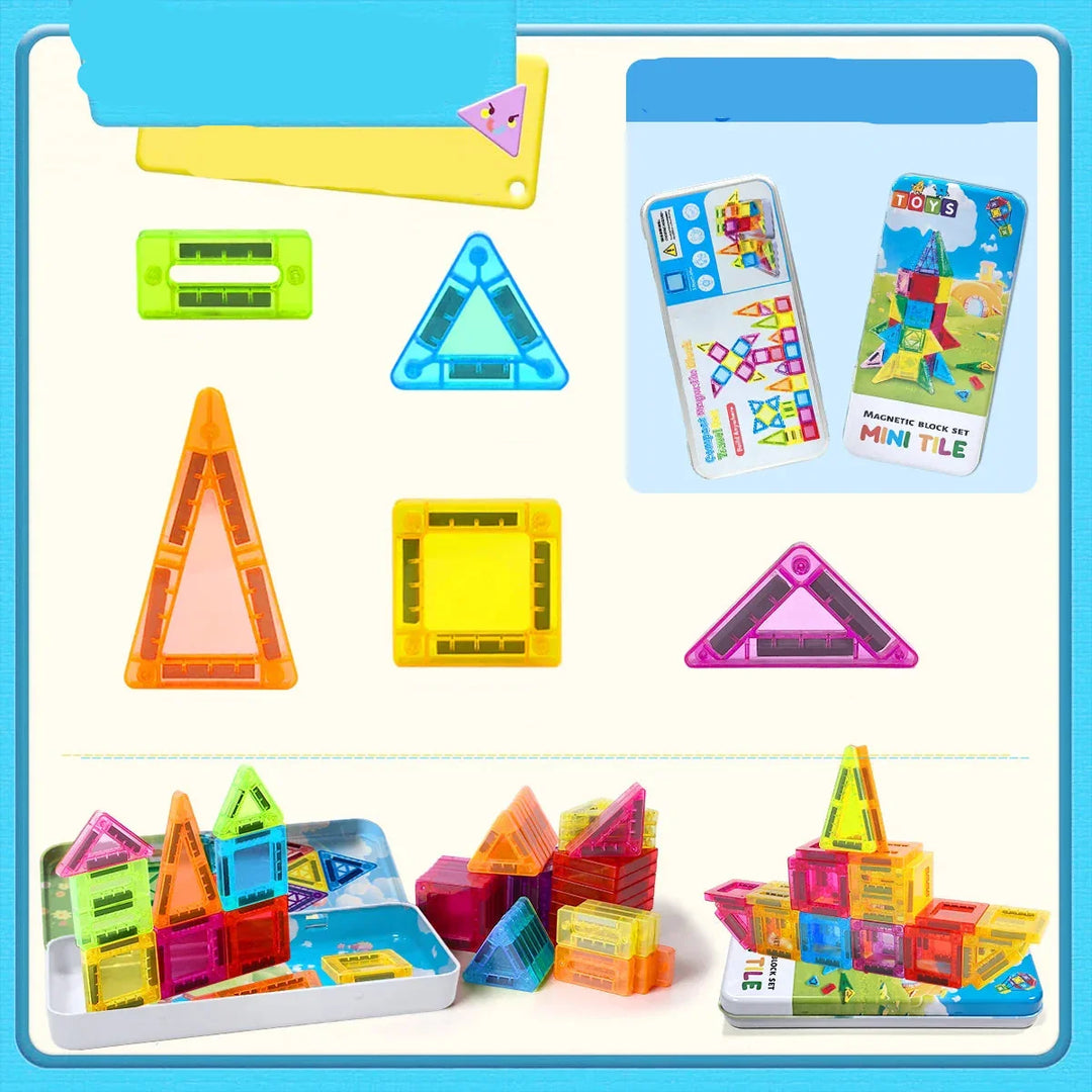 Young child imagining and creating unique structures with MagniCraft magnetic building blocks.