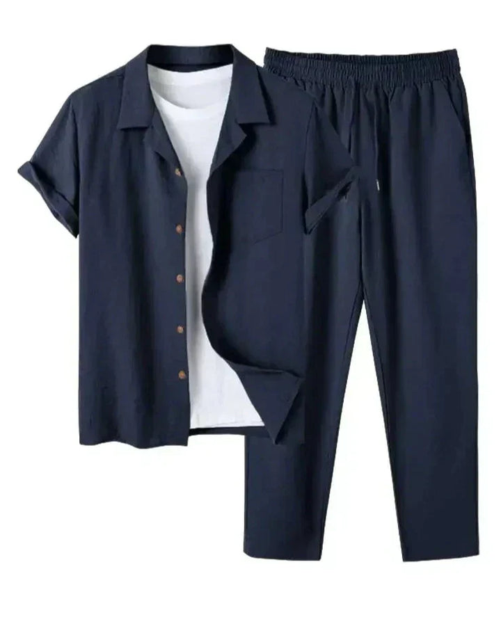 Comfortable men's short sleeve shirt & shorts set, a stylish two-piece summer casual outfit for men.