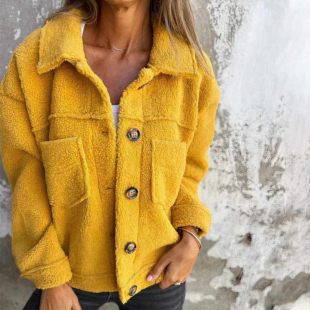 Warm women's short teddy coat, Marisol, with button closure. A comfy, stylish autumn & winter outerwear fashion piece.