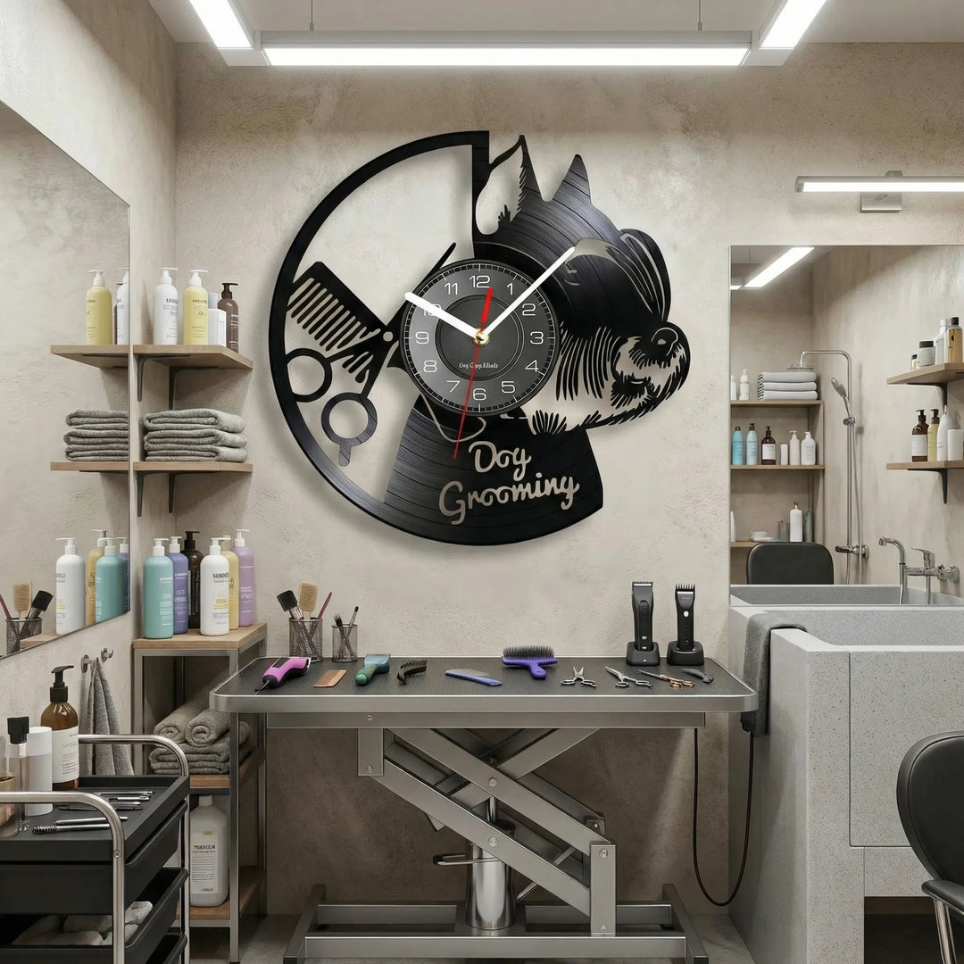 Matte black dog silhouette wall clock, a silent decorative clock perfect for pet lovers and animal themed home decor.