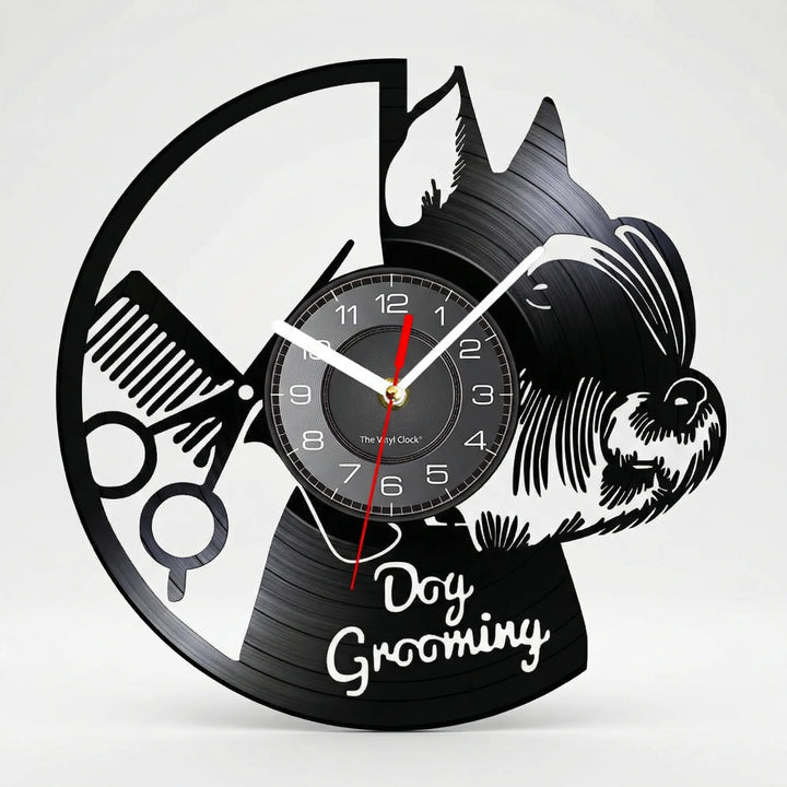 Unique dog silhouette wall clock, a stylish matte black pet decor & wall art, ideal as a dog lover gift.
