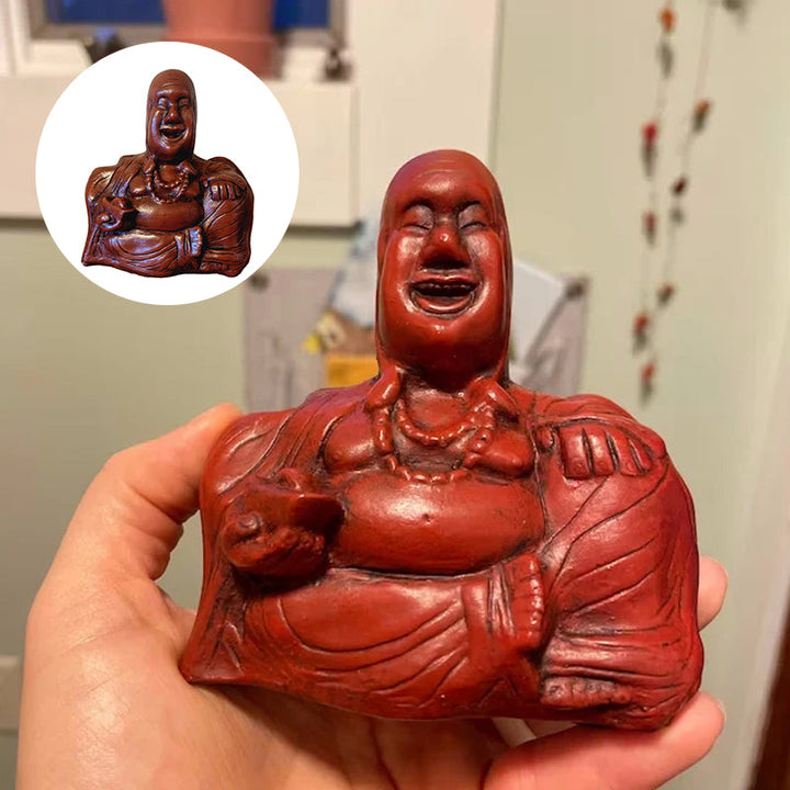 Meditating Buddha sculpture with a humorous facial expression, perfect resin desk decor gift