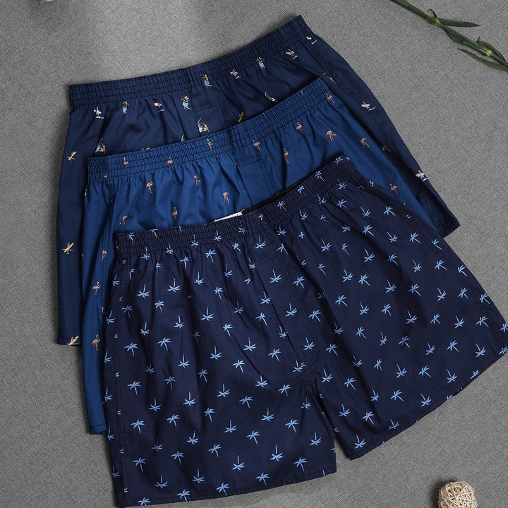 Quality men's underwear 3-pack, soft cotton boxer shorts with a stylish nature plant print.