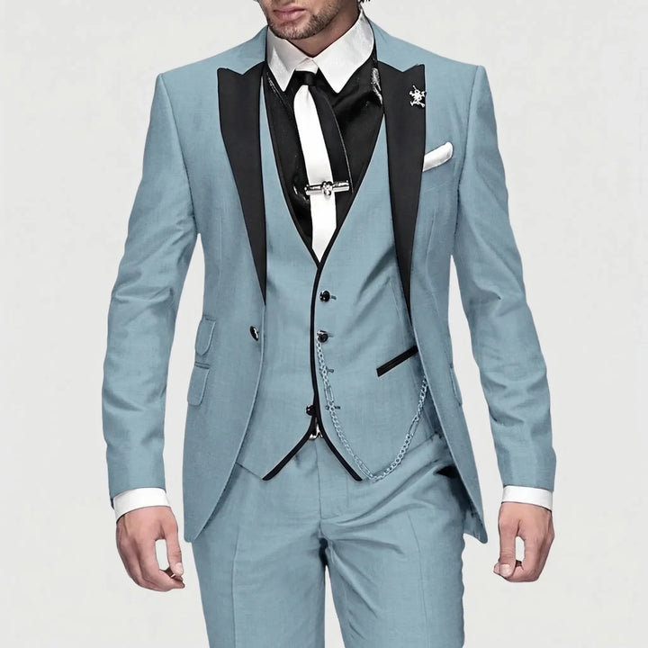 High-quality burgundy slim-fit men's 3-piece suit, a complete formal outfit for special events.