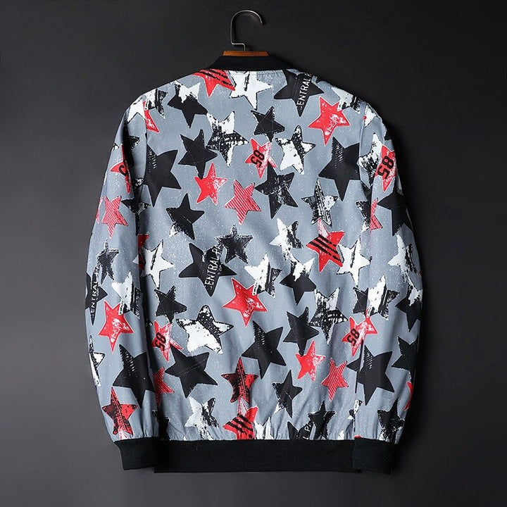 Unique abstract graphic design men's bomber jacket. Modern stylish casual outerwear, perfect for contemporary men.