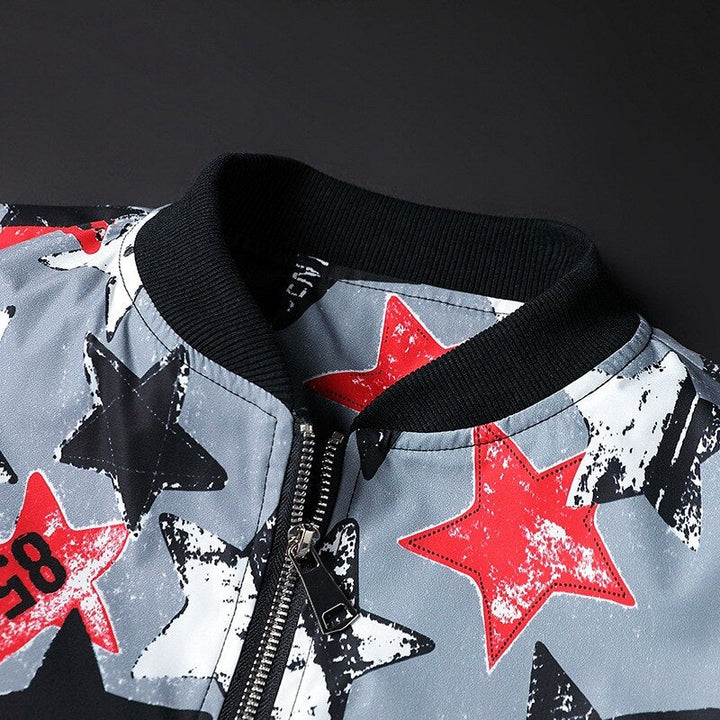 Lightweight men's abstract print bomber jacket. Ideal casual outerwear for stylish men seeking modern fashion.