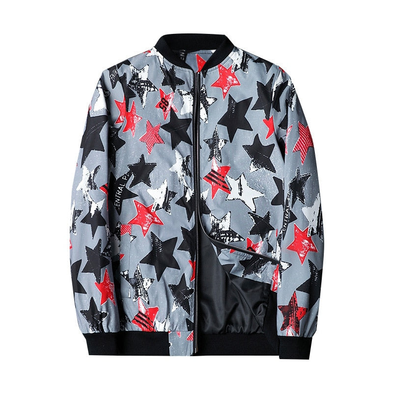 Trendy graphic abstract print men's bomber jacket. Modern casual outerwear for a distinctive men's style.