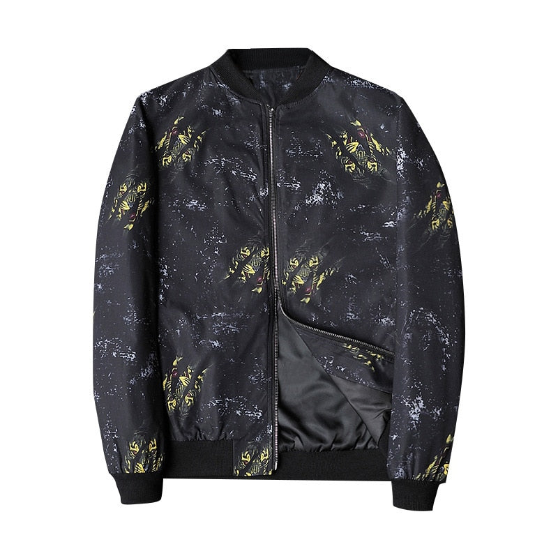 Stylish men's bomber jacket featuring a unique abstract print. Modern casual outerwear for men's fashion.