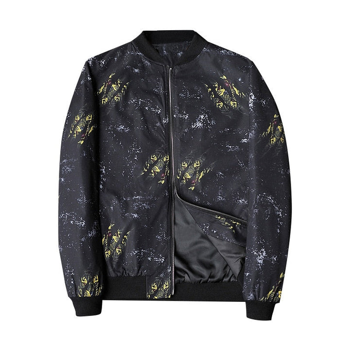 Stylish men's bomber jacket featuring a unique abstract print. Modern casual outerwear for men's fashion.