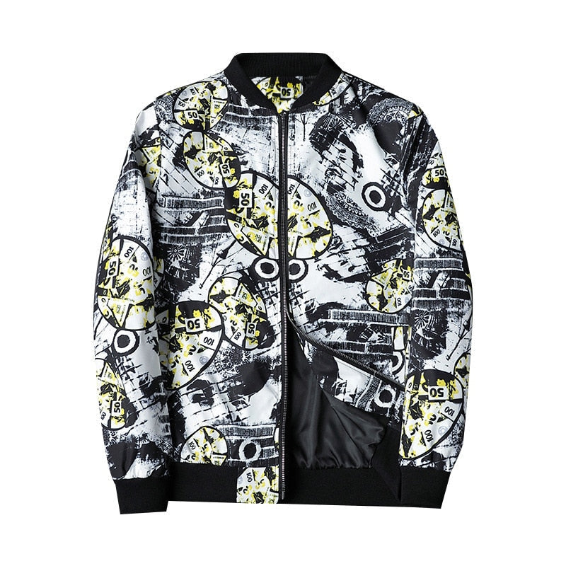 Fashionable man in an abstract printed bomber jacket. Modern men's casual outerwear, perfect for urban style.
