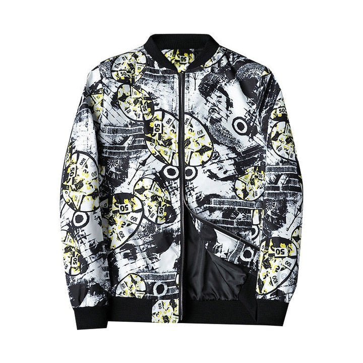 Fashionable man in an abstract printed bomber jacket. Modern men's casual outerwear, perfect for urban style.
