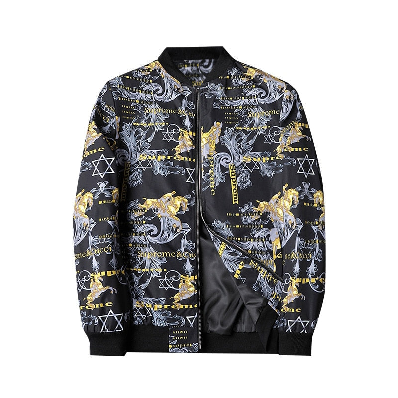 Full view of a vibrant abstract print men's bomber jacket. Modern men's fashion outerwear, ideal for casual wear.