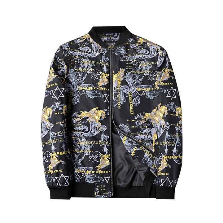 Full view of a vibrant abstract print men's bomber jacket. Modern men's fashion outerwear, ideal for casual wear.