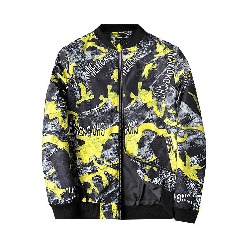 Close-up of the intricate abstract graphic print on a men's bomber jacket. Stylish & unique men's outerwear.