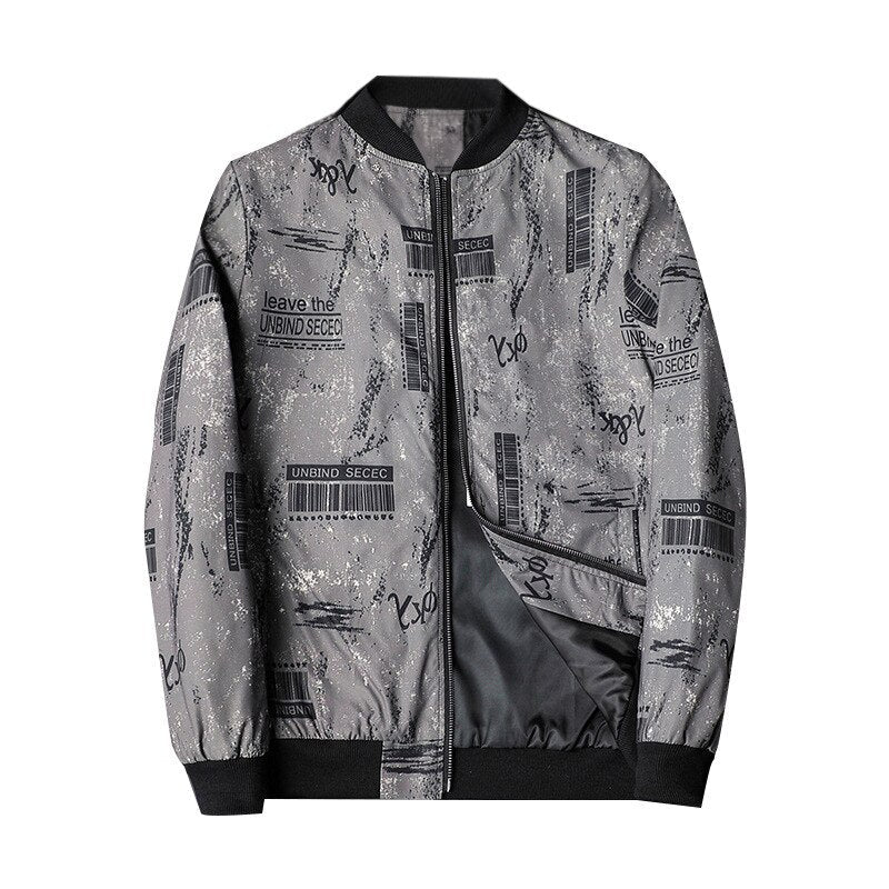 Versatile men's abstract printed bomber jacket. Perfect casual outerwear, enhancing any modern men's fashion.