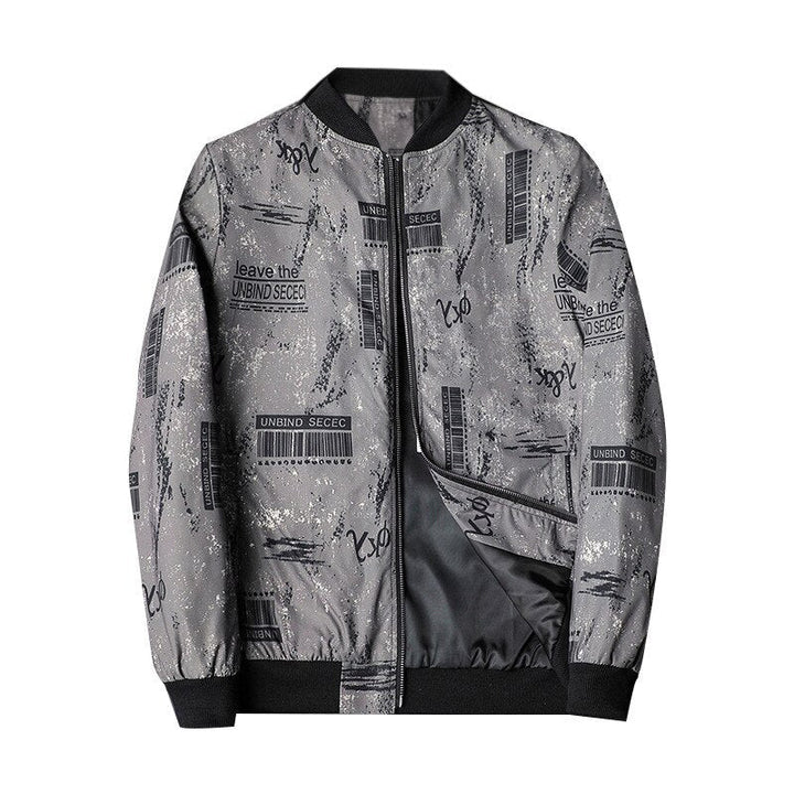 Versatile men's abstract printed bomber jacket. Perfect casual outerwear, enhancing any modern men's fashion.