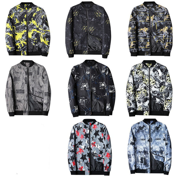 Enzo Men's Abstract Printed Bomber Jacket. Trendy outerwear with a unique graphic print for modern casual fashion.