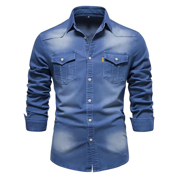 Side view of an AdaptiveFit men's long sleeve button-down shirt, comfortable and fashionable.