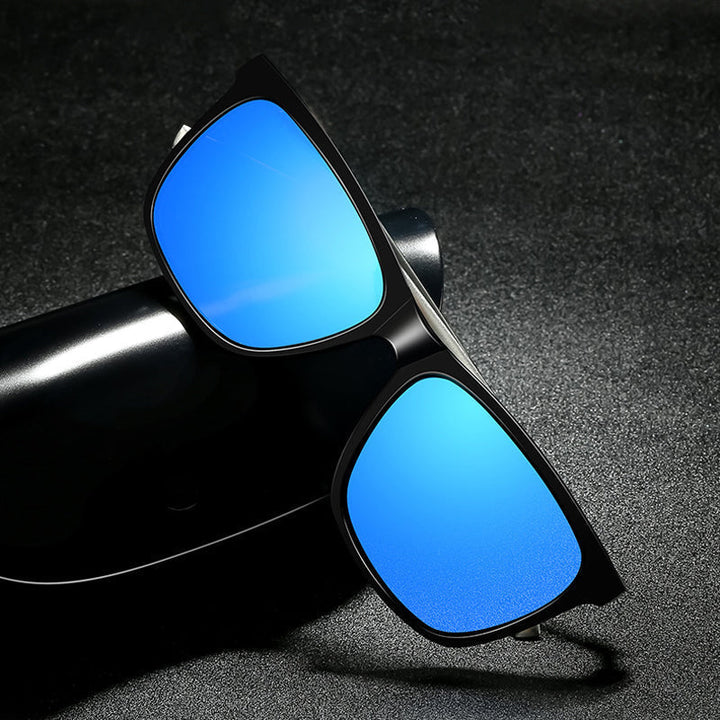 Side view of men's fashion sunglasses, aluminum magnesium construction, polarized lenses