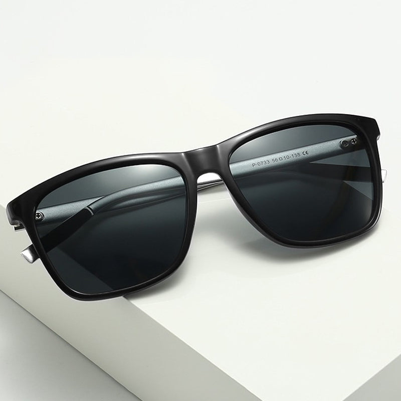Detail of a polarized lens on men's aluminum magnesium sunglasses, anti-UV, anti-glare