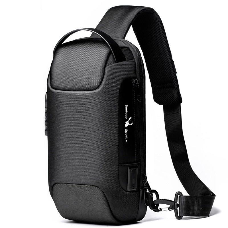 Men's anti-theft crossbody bag with USB charging. Water-resistant sling for secure daily essentials & travel.