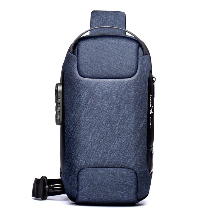 Secure men's water-resistant shoulder bag. Anti-theft design, USB charging for compact travel & outdoor use.