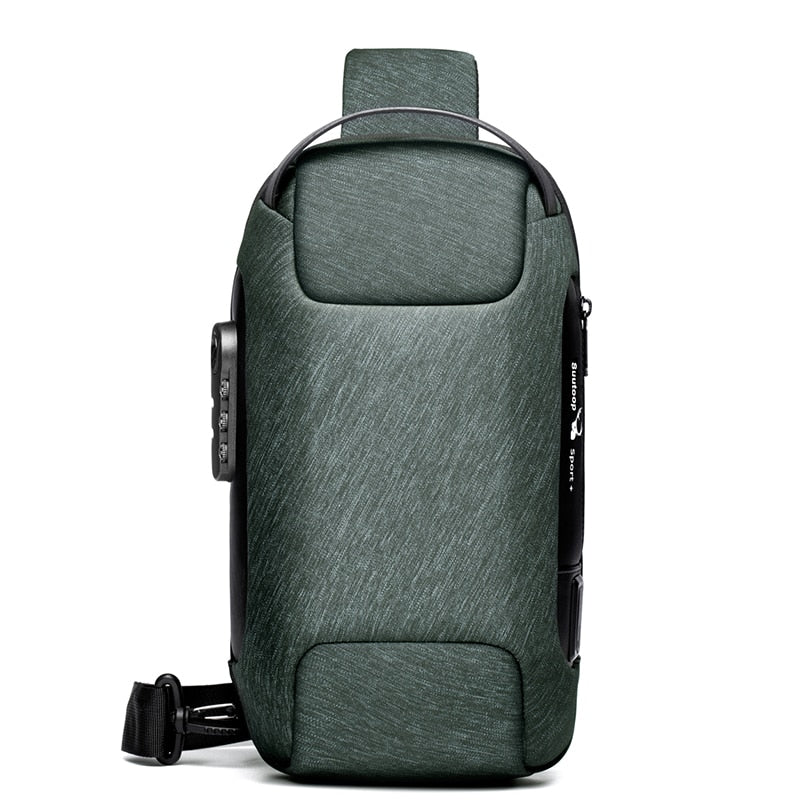 Black men's anti-theft sling bag. Water-resistant with USB charging, ideal for daily commute & travel.