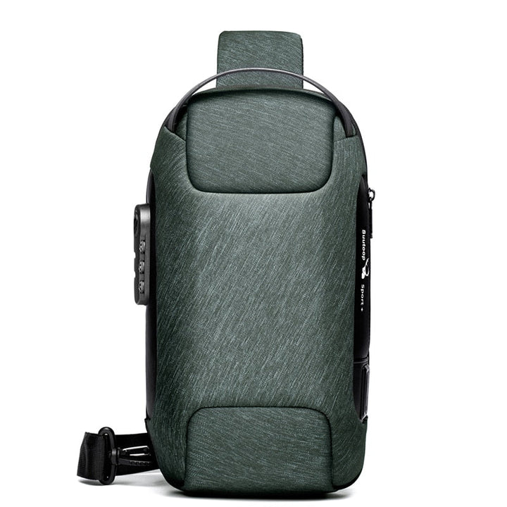 Black men's anti-theft sling bag. Water-resistant with USB charging, ideal for daily commute & travel.