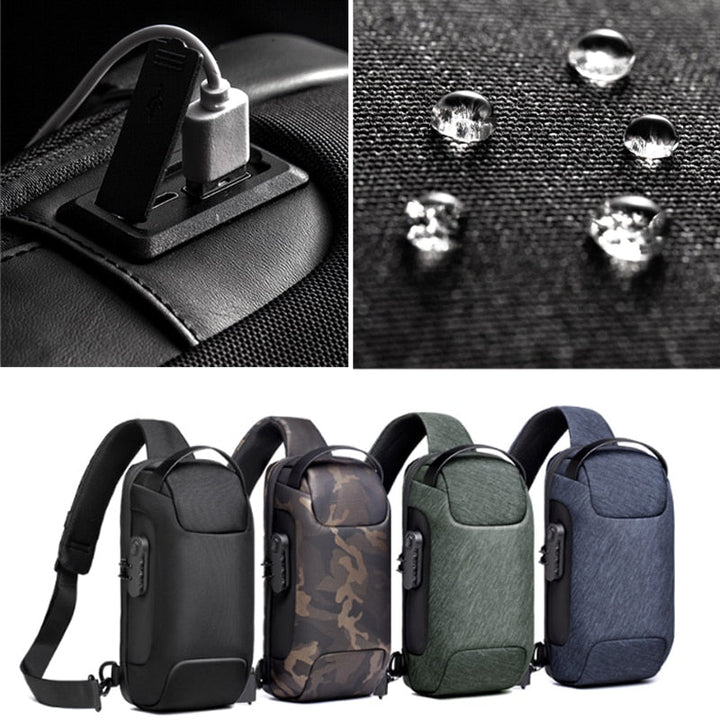 Sleek men's anti-theft shoulder bag. Water-resistant, USB charging, compact design for secure travel.