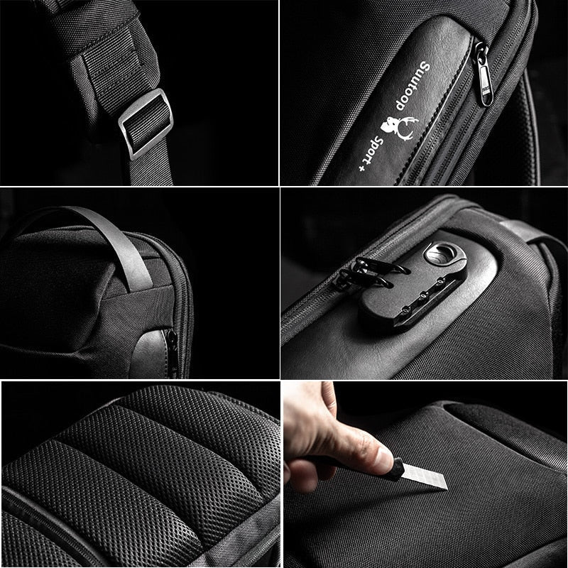 Outdoor men's anti-theft travel bag. Water-resistant crossbody with USB charging for secure adventures.