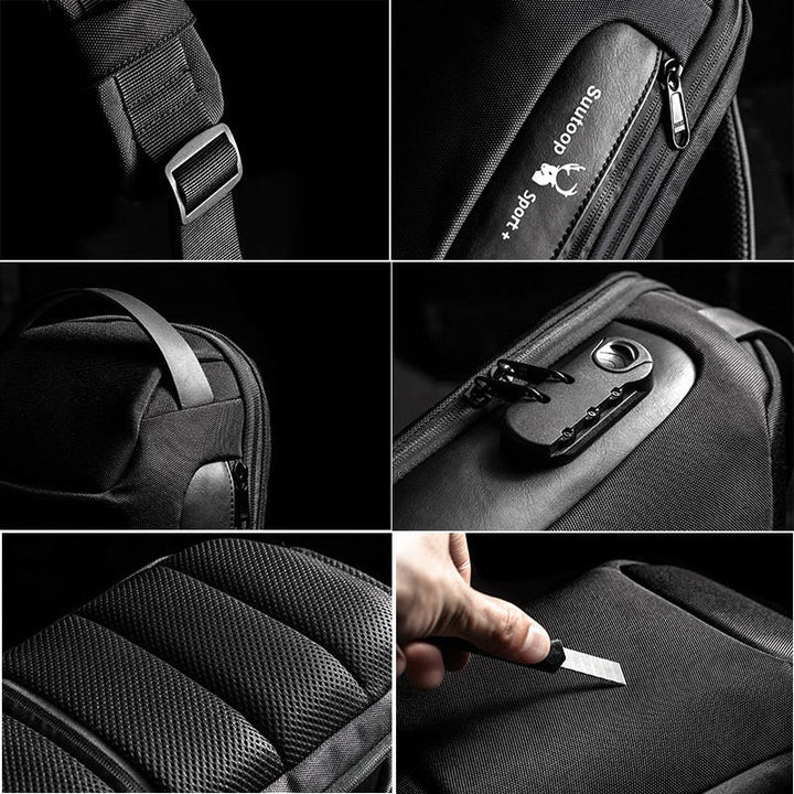 Outdoor men's anti-theft travel bag. Water-resistant crossbody with USB charging for secure adventures.