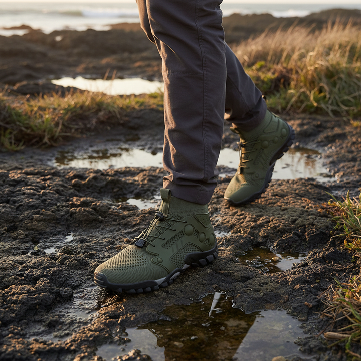 Men's barefoot style high shaft hiking shoes for natural movement & ankle support on trails.