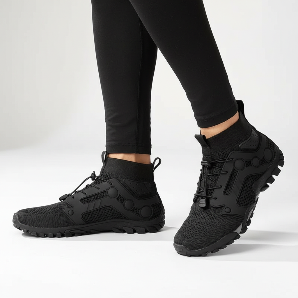 Versatile men's high shaft barefoot hiking shoes, providing natural movement & ankle support for trails.
