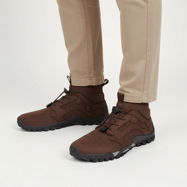 High shaft men's barefoot hiking shoes, offering ankle support & natural ground feel for comfortable adventures.