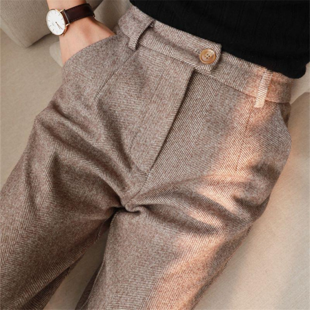 Collection of men's tailored ankle-length pants in beige, brown, and grey, ideal for spring fashion options.