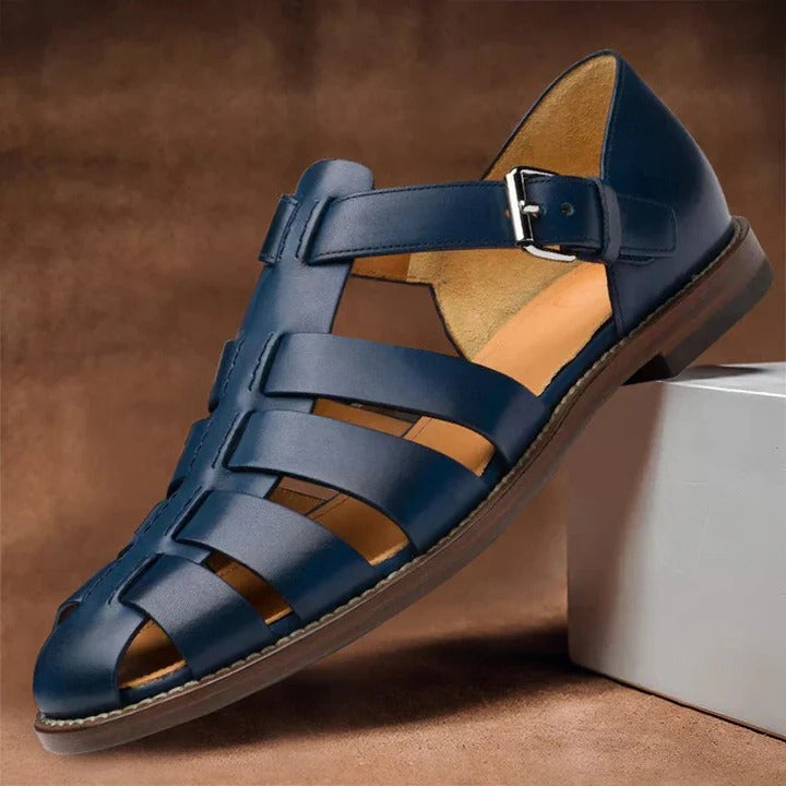 Men's open-toe adjustable sandals worn on foot, showcasing casual style and comfort for warm weather and summer activities.