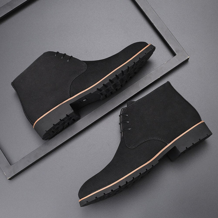 Men's black casual lace-up ankle boots, durable design for everyday wear, comfortable fit.