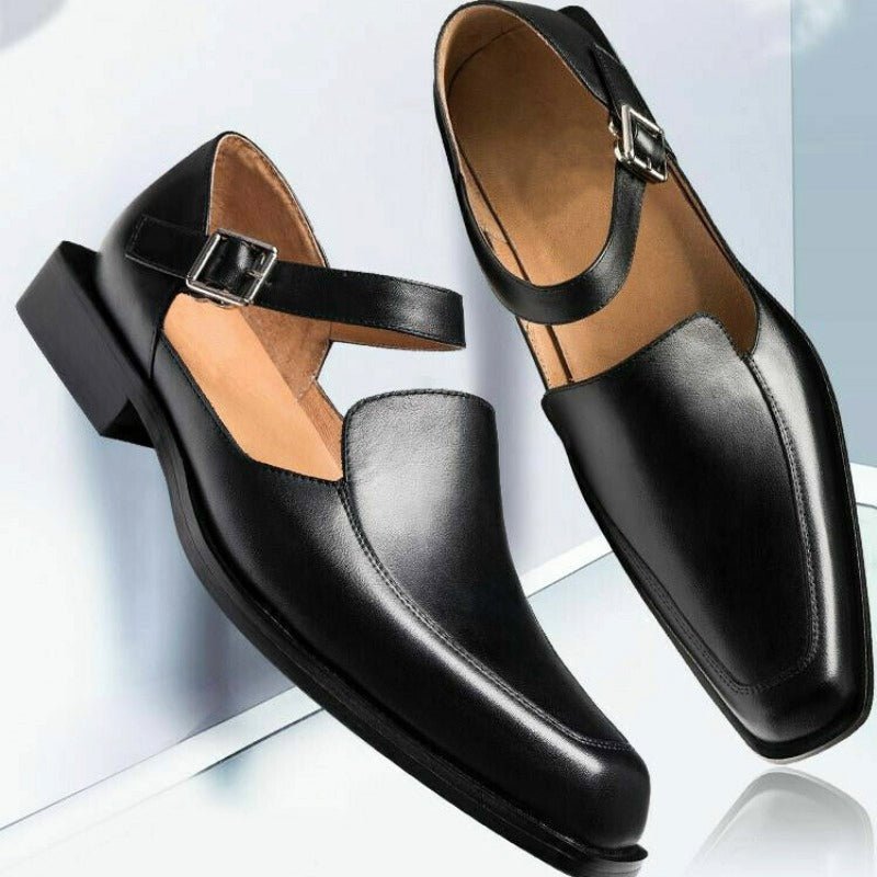 Men's black closed-toe ankle strap sandals, perfect for casual or semi-formal everyday summer fashion & comfort.